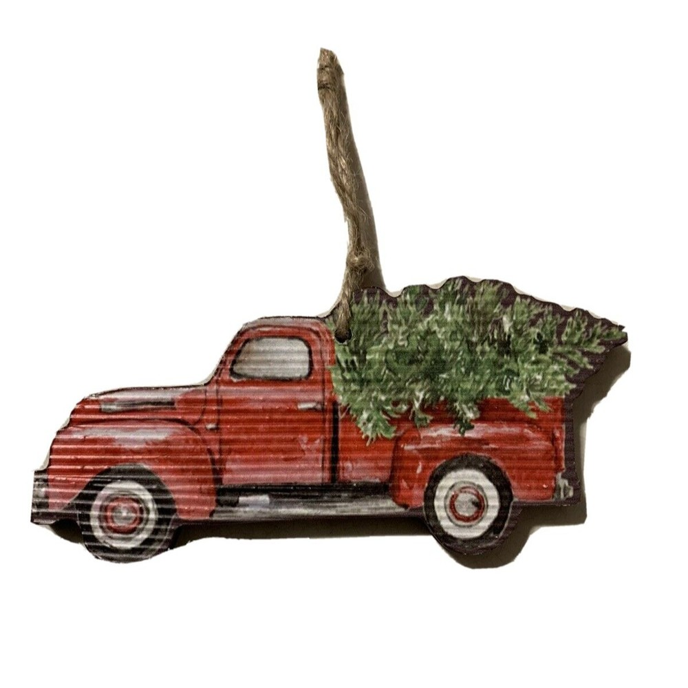 Red Truck w/ Christmas Tree Ornament Farmhouse Holiday 6" Woodland Lodge Chunky